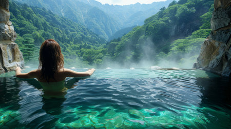 Golden Week Adventure in Japan. woman Relax in the natural hot springs (onsen) of Hakone, surrounded by stunning mountain scenery.の素材