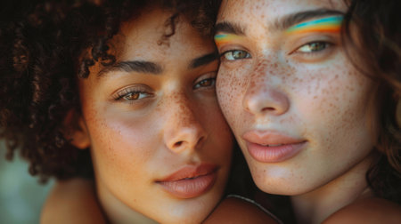 Pride Month. A close-up shot of two LGBTQIA friends woman and man sharing a heartfelt moment, their bond and understanding evident in their expressions.の素材