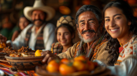 Hispanic Heritage Month. A warm and inviting scene of a Hispanic family gathered around a table for a traditional meal, their faces reflecting the joy of togetherness and shared heritageの素材
