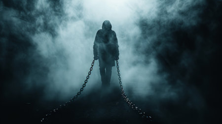 Mental Problem. Anxiety disorder. A person walking with a heavy chain attached to their shadow, symbolizing the burden and constant presence of anxiety disorder.の素材