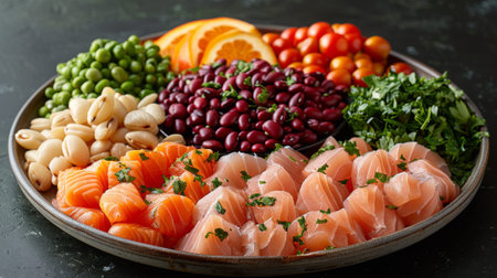 Harvard Healthy Eating Plate. lean protein sources, such as grilled fish, chicken breast, legumes, displayed in balanced and appealing manner, symbolizing the importance of protein for overall healthの素材