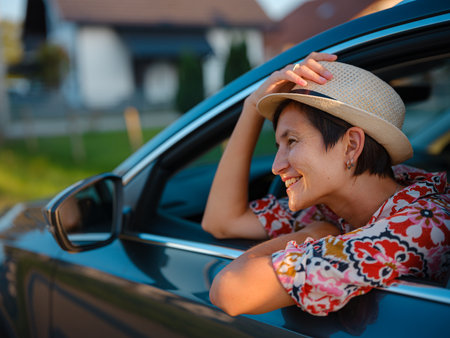 Traveler woman in red ethnic dress and hat drives car through scenic countryside of Croatia in summer. Surrounded by lush fields and forests, she enjoys peaceful and adventurous road tripの写真素材