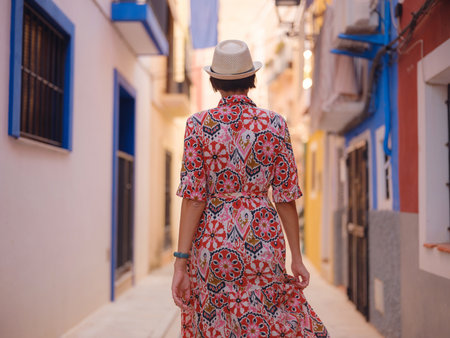 Woman in dress strolls through colorful streets of Spanish coastal town of La Vila Joiosa. sunny winter highlights atmosphere charm of Mediterranean architecture and quiet seaside life, back viewの写真素材