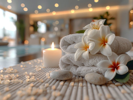 A pleasant white spa scene with stacked stones, a rolled towel and a burning candle on a marble table against a blurred background of a massage room. Space for text,の素材