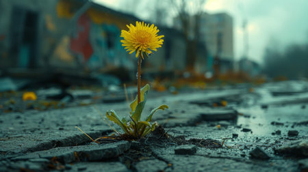 cinematic photo. a dandelion breaks through the concrete in the middle of the road.の素材