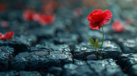 cinematic photo. a poppy breaks through the concrete in the middle of the road. summer. The remembrance poppy. Remembrance Day - Lest We Forgetの素材