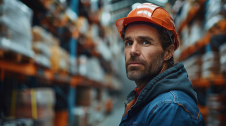 A man worker in clean clothes stands against the backdrop of an industrial warehouse. Realistic photographyの素材