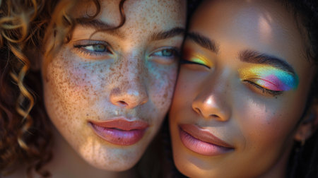 Pride Month . A close-up shot of two LGBTQIA friends sharing a heartfelt moment, their bond and understanding evident in their expressions.の素材