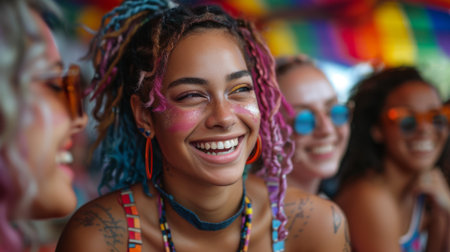 Pride Month . A group of LGBTQIA friends enjoying a casual hang-out, their laughter and conversations reflecting the authenticity of their friendship.の素材
