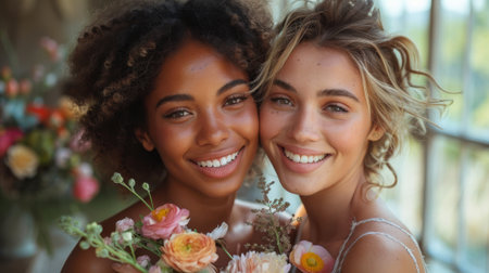 Pride Month . happy lesbian couple at wedding, holding each other and smiling, they hold flowers, they pose for photos together in front of large windows with natural light,の素材