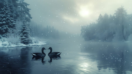 Winter season. The Legendary Winter Creatures . A scene of the winter spirit gliding across a frozen lake, their presence transforming the surroundings into a winter wonderland.の素材