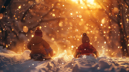 Winter season. Two kids sledding down a hill in winterの素材