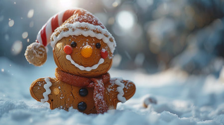 Winter season. The Legendary Winter Creatures . A cheerful gingerbread man with a candy cane hat and a sprinkle of cinnamon sugar, exuding the sweet and festive spirit of the holidays.の素材