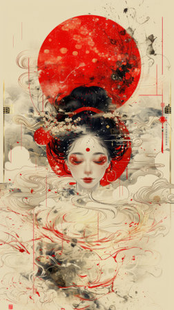 Mythical creatures. Japan myth. portrait of Amaterasu Omikami, the compassionate goddess of the sun, art nouveau 2d style imageの素材