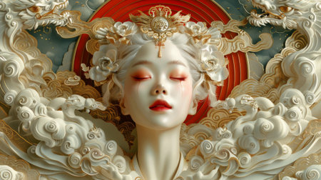 Mythical creatures. Japan myth. portrait of Amaterasu Omikami, the compassionate goddess of the sun, , art nouveau 2d style image, golden colorsの素材