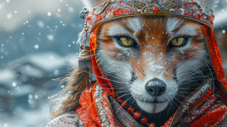 Mythical creatures. Photorealistic Fantasy Art: Fox Kitsune Woman in Intricate Mask and Kimono with Dramatic Lighting, snow mountains on backgroundの素材