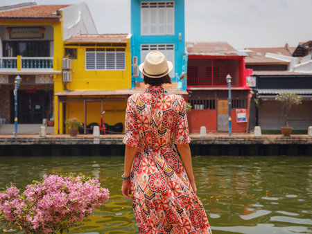 Young woman in ethnic dress and hat exploring the vibrant streets of Malacca, Malaysia. A blend of cultural heritage, colorful architecture, and tropical charm. Perfect travel and lifestyle moments.の写真素材