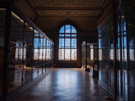 Vienna, Austria July 14 2023 : Natural History Museum Corridor with Historical Glass Cases...