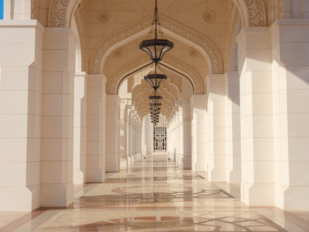 Elegant exterior showcases traditional Arabic design elements with ornate arches and decorative...