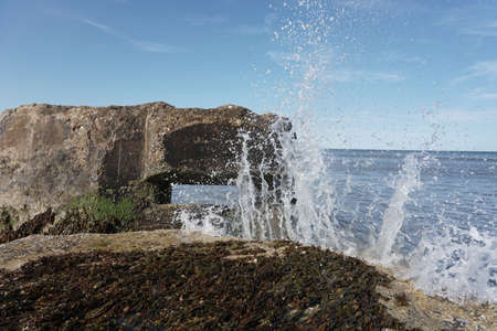 Summers day by the sea in Northern Britain.  Sea spray and wavesの写真素材