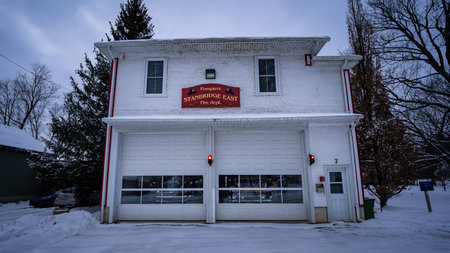 old wooden fire station in the rural village of Stanbrige-East, Eastern Townships, Quebec, Canada.