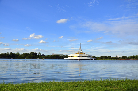 Ratchamangkhala Pavilion of Suan Luang Rama IX Public Park (Thailand). In the back side view of the Pavilion is a fresh water lake (Selective focus). This Place is opened public for exercise or relax.の写真素材
