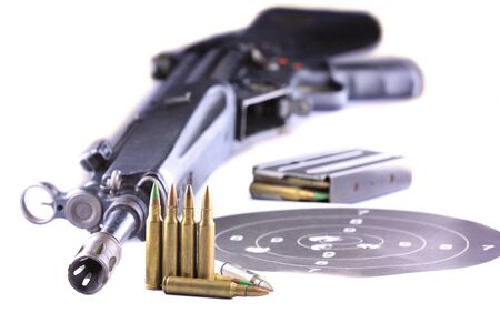 Close up of rifle and bullets on white background の写真素材