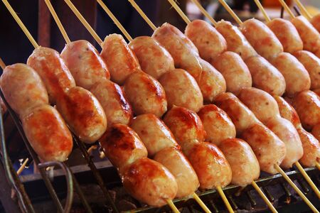 Grilled Sausages on market in Thailand の写真素材