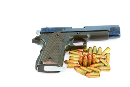 Semi automatic pistol and ammo with white background