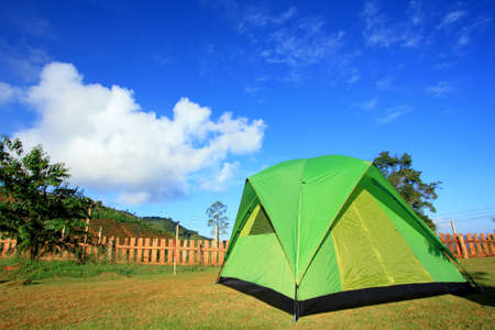 Tourist tent on mountain with blue skyの写真素材
