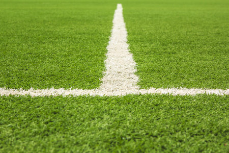 White line on soccer field grass
