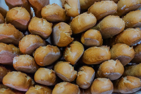 Close up of hot dogs in a basket at a street food market