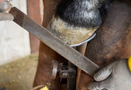 Close-up of a horse's hoof being refined by a masterの写真素材
