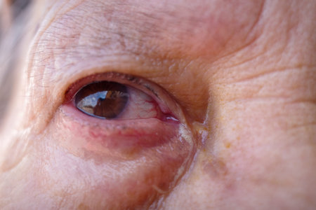 Right eye, looking up, watery and with eye discharge, of an elderly woman, in the foreground the...