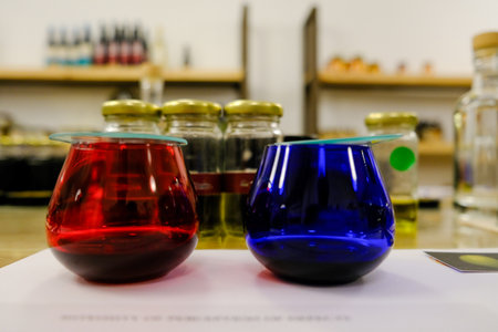 Red and blue glasses, with different bottles in the back, prepared for an oil tasting, typical of the Andalusian region of JaÃ©nの写真素材