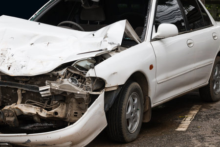 car crash accident on street, damaged automobileの写真素材