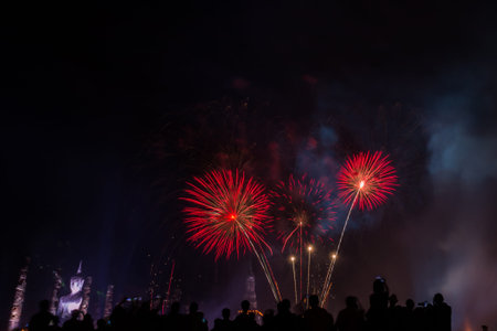 The people looks fireworks in Sukhothai Loi Krathong and Candle Festival