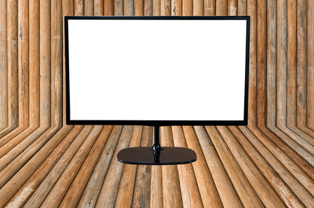 monitor with blank screen on wood planks texture background for advertiseの写真素材