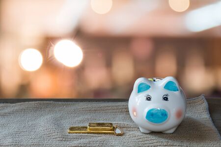 gold and saving money in piggy bank on wooden background over bokeh light in nightの写真素材