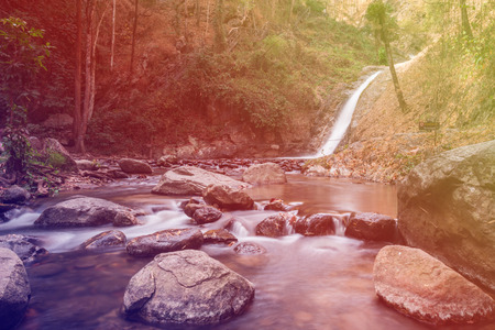 Waterfall in forest with vintage filterの写真素材