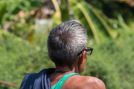behind the head of asia old man have grey hairの写真素材