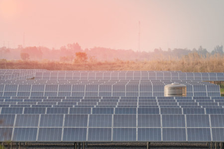 field of solar cells in power station for alternative energy from the sun