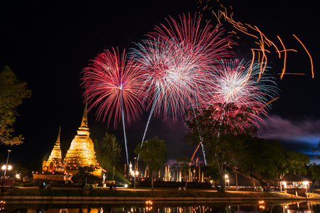 Fire works at Sukhothai Province in the north of Thailand during Loy Kratong Light and Candle Festivalの写真素材