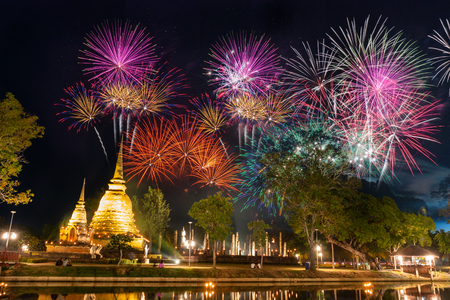 Fire works at Sukhothai Province in the north of Thailand during Loy Kratong Light and Candle Festivalの写真素材