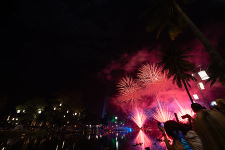 Fireworks at Sukhothai Province in the north of Thailand during the Loy Krathong Light and Candle Burning Festival and New Yearの写真素材