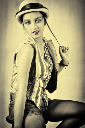 photo of a girl who was pulling a sassy style hairの写真素材