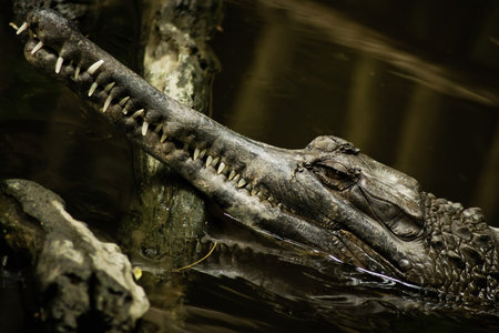 False Gharial crocodile resting on banks, Indonesia.