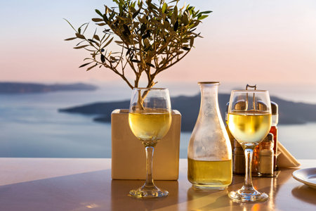 Romantic table for two on the island Santorini, Greece. Views of the sea and the volcanoの写真素材