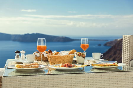 Fresh Breakfast in a beautiful location with sea viewsの写真素材