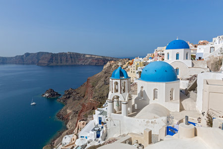 Volcanic caldera and  church from Fira, Santorini, Greceeの写真素材